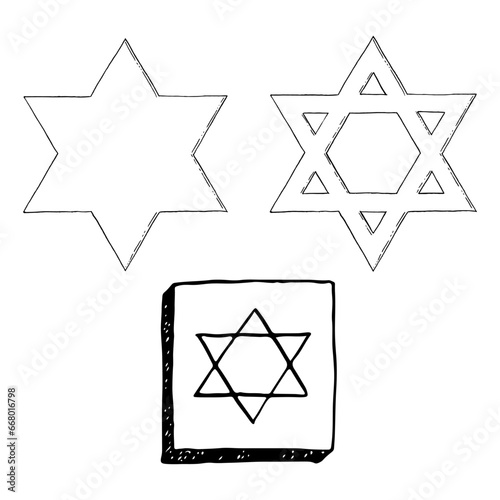 Vector star of David black and white graphic illustration set for Jewish designs with magen David. Six pointed hexagram geometric figure