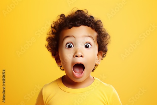 Baby is surprised and excited opening eyes and mouth on yellow background