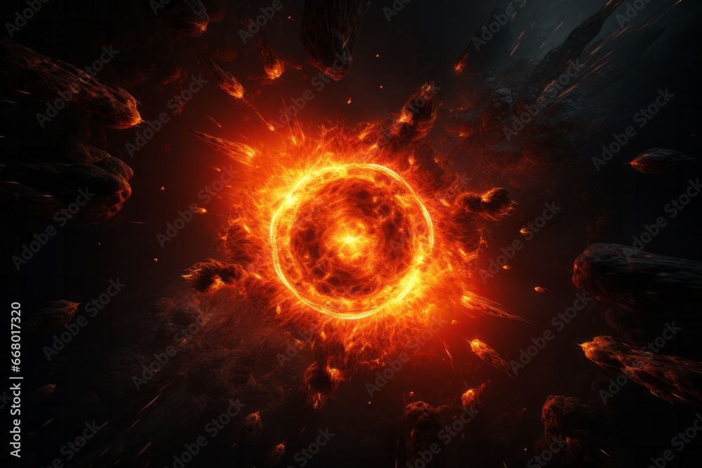 Burst of glowing orange on black space Burst of glowing orange on black space