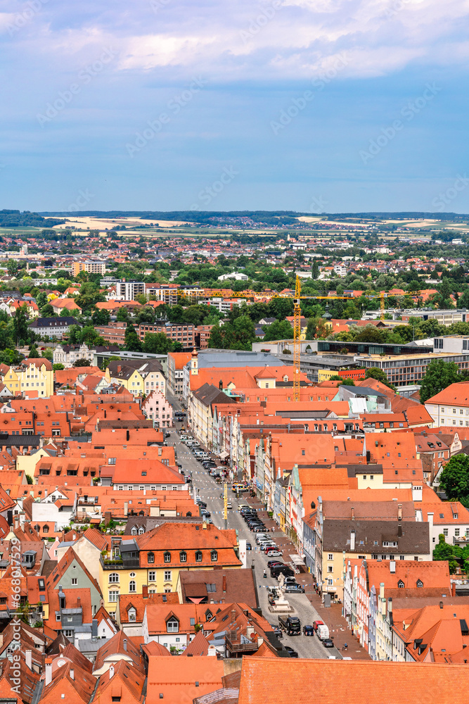Panoramic view, aerial skyline of Landshut in Bavaria. Saint Martin cathedral, Martinskirch in old town and cathedrals, architecture, roofs of houses, streets landscape, Landshut, Germany. Vertical