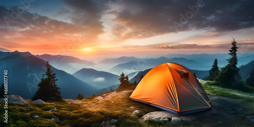 A tourist tent stands in the mountains,Camping Wallpaper Images,A tent in the mountains at sunset,Tourist tent, Mountain scenery, Camping in the mountains, Tent in the wild, Outdoor 