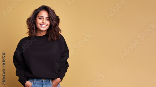 An Indian woman wearing black sweatshirt isolated on pastel background