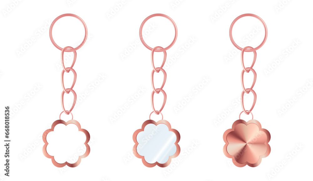 A set of pink gold keychains in the shape of a flower. Chains made of stainless steel. Metal key holders isolated on white background. Realistic vector illustration. A set of pink gold keychains in the shape of a flower. Chains made of stainless steel. Metal key holders isolated on white background. Realistic vector illustration.
