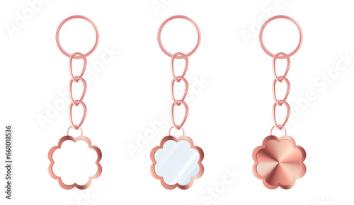 A set of pink gold keychains in the shape of a flower. Chains made of stainless steel. Metal key holders isolated on white background. Realistic vector illustration.