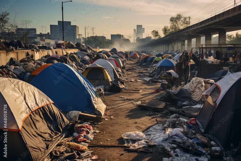 A city with tents and garbage. There are poor homeless people - obrazy, fototapety, plakaty 