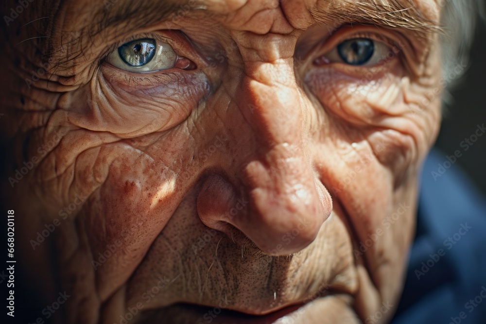Close-up of grandfather portrait. Elder senior man with wrinkles and dark spots