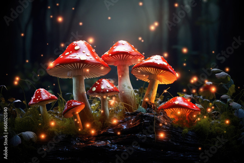 Mystical Glowing Mushrooms in Dark Forest: Vibrant Red and Blue Tones