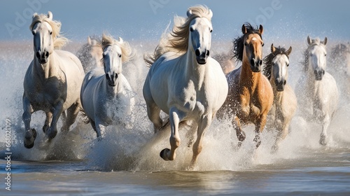White Horses running together on the beach clean sky. AI generated image