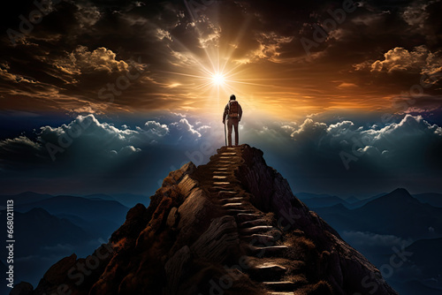 Spiritual Journey Concept: Man Standing on Mountain Peak at Dusk
