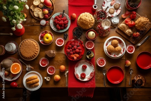 Rustic dining room with red theme, breakfast spread of fruit, eggs, cookies, jam, and cappuccino. Top view interior design. Generative AI