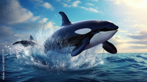 Close up magnificent killer whale jumping over the blue sea. AI generated image © prastiwi