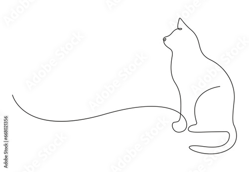 Continuous one line drawing of cat. Cat sitting with curled tail. Isolated on white background vector illustration. Pro vector. 