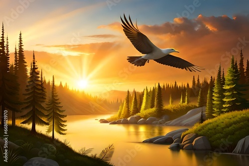 landscape of sunset and flying a bird over the lake