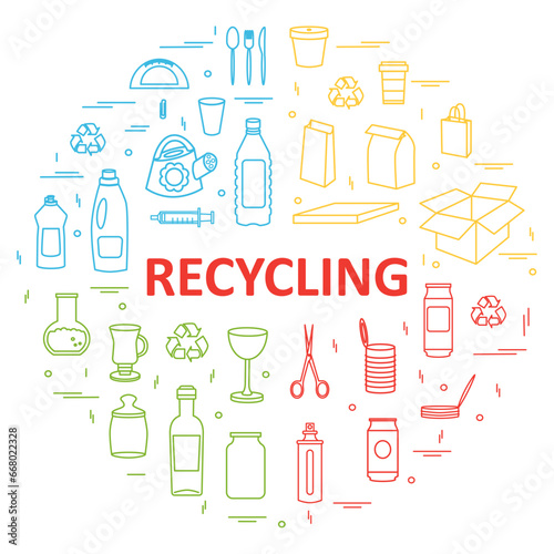 Recycling and waste management concept. Garbage sorting and segregation. Different types of trash: plastic, paper, glass, metal. Ecology. Line art and doodles. 