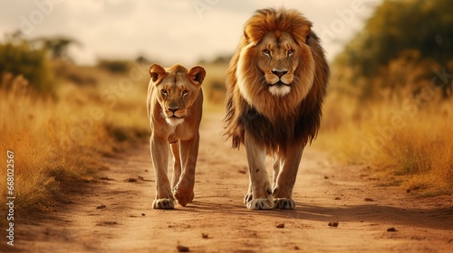 Wild lion couple loving pride of the jungle at summer. AI generated image © prastiwi
