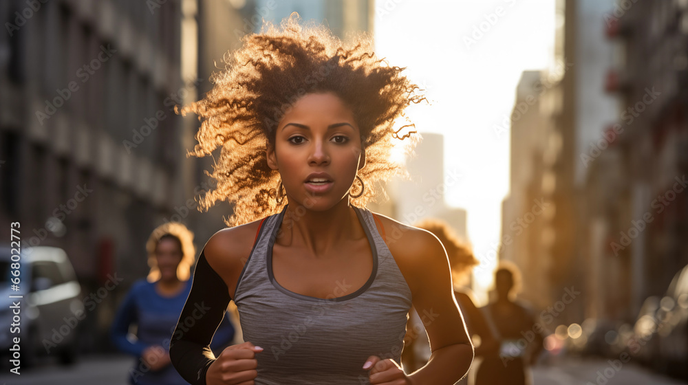 Determined Female Runner with Sweat-Glistened Face in Urban Fitness Scene
