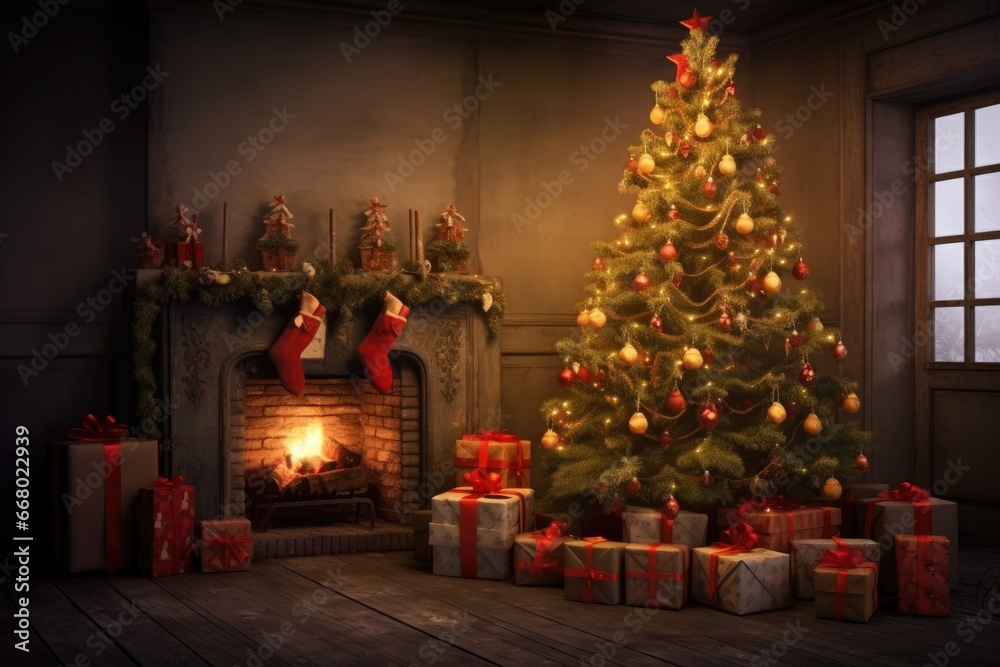 This stunning 3D rendering captures the beauty of a shining Christmas tree, presents, and a fireplace at night.

 Generative AI