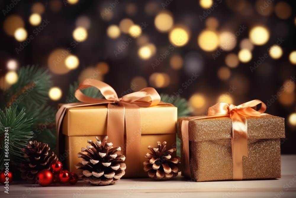These beautiful gift boxes are adorned with luxurious golden ribbons and Christmas decorations, radiating beauty against a sparkling bokeh background.

 Generative AI