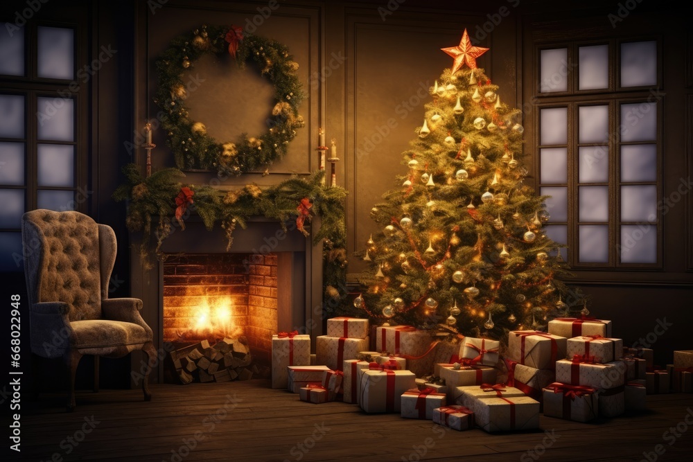 This stunning 3D rendering captures the beauty of a shining Christmas tree, presents, and a fireplace at night.

 Generative AI