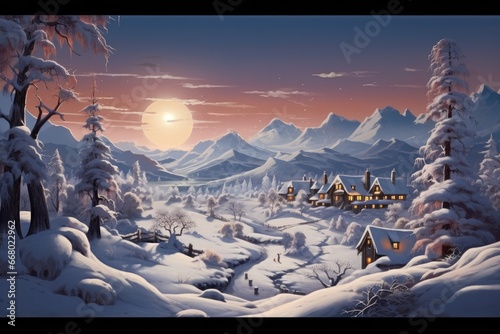This image showcases a winter landscape with a house nestled in the mountains at sunset. It's a vector illustration.

 Generative AI