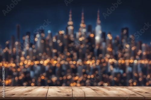 Wooden Table in front of a city bokeh