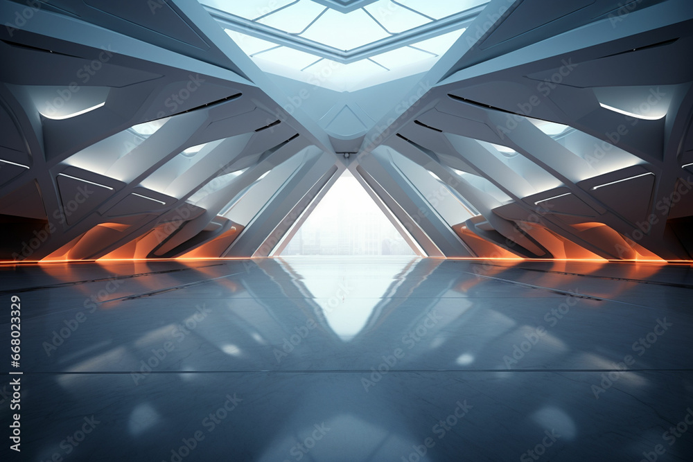 a futuristic white room with a large floor - obrazy, fototapety, plakaty 