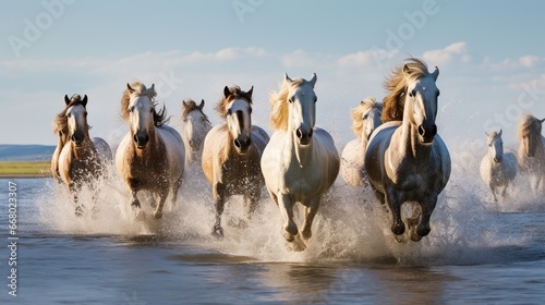 White Horses running together on the beach clean sky. AI generated image © prastiwi
