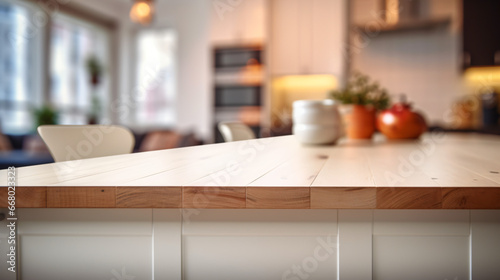 Table top and blurred kitchen room
