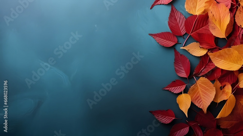 Autumn background with colored red leaves on dark blue background with copy space for text