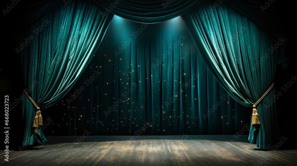 Teal curtain in theatre. - obrazy, fototapety, plakaty 