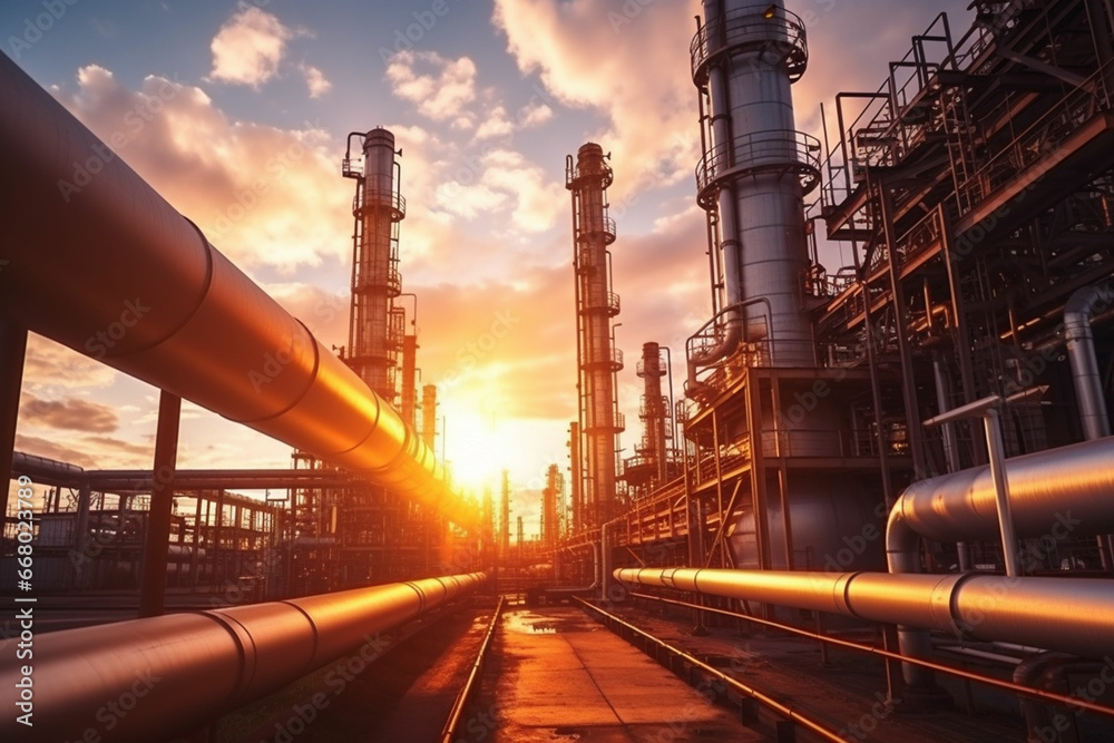 Oil refinery plant form industry zone with sunrise and cloudy sky. equipment steel pipes plant Oil refinery plant form industry zone with sunrise and cloudy sky. equipment steel pipes plant