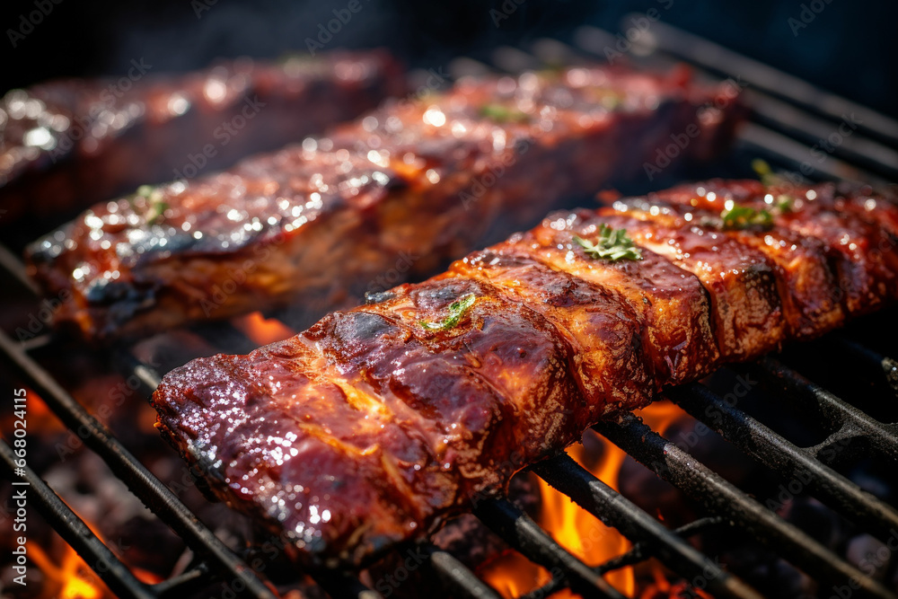 a close up of a rack of ribs on a grill