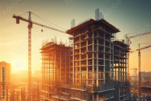 construction site at sunset , structural steel beam build large residential buildings