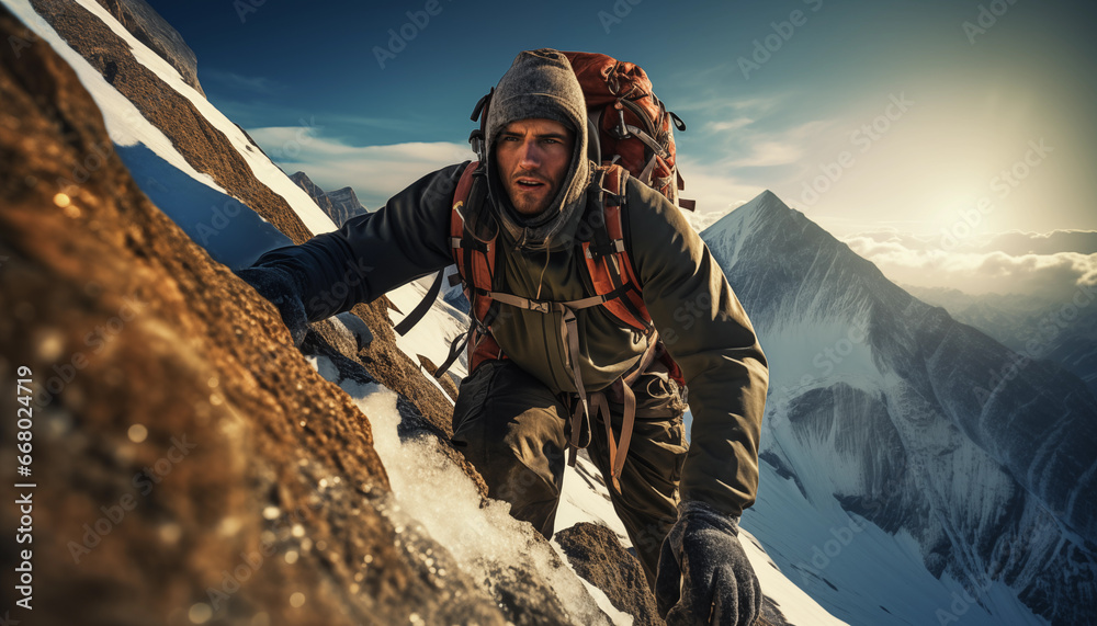 Man mountain climber climbing a mountain