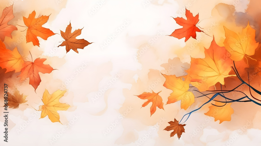 Watercolor abstract background autumn collection with maple and seasonal leaves. Hand painted watercolor natural art Watercolor abstract background autumn collection with maple and seasonal leaves. Hand painted watercolor natural art