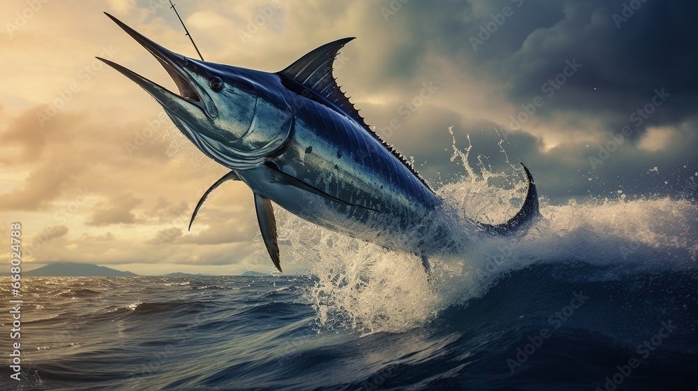 Close up Black marlin fish jumping to mid air over sea. AI generated image - obrazy, fototapety, plakaty 
