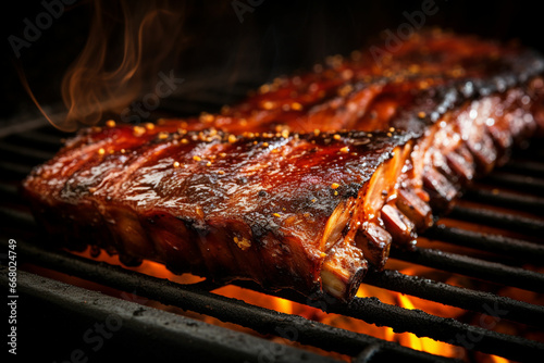a close up of a rack of ribs on a grill