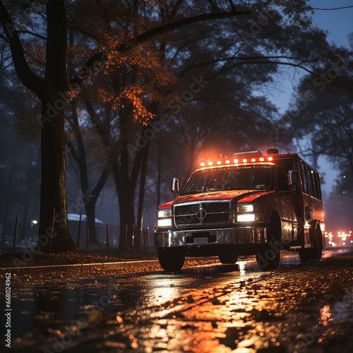 Emergency car with flashing lights standing on road outside in autumn. First aid concept. AI generated © H_Ko