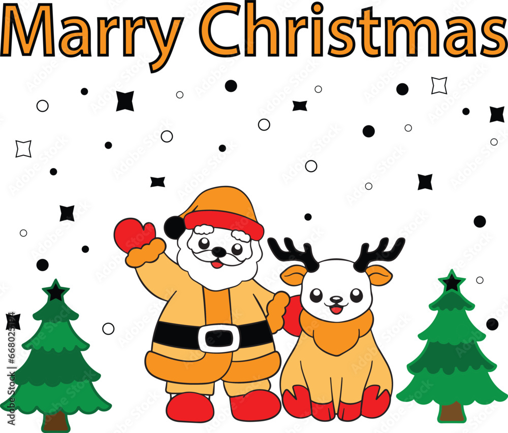 santa claus with reindeer,christmas, santa, winter, xmas, snow, vector, holiday, snowman, illustration, card, cartoon, 