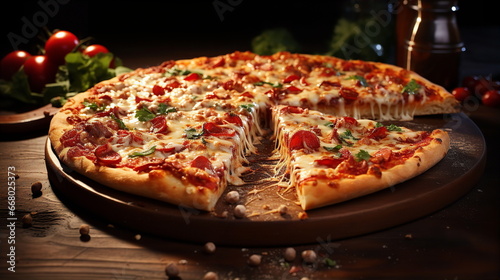 Delicious appetizing pizza with cheese on table in pizzeria closeup. Fast food concept. AI generated
