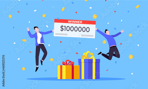 Happy lottery winners with big prize paycheck. Fortune lottery or casino gambling lucky games concept flat style design vector illustration. People jumps in the air with trophy cup.
