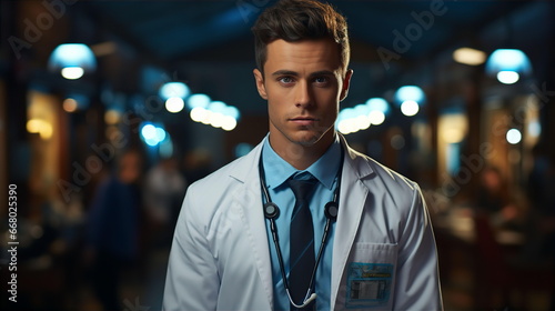 Portrait of young male doctor in white coat in clinic. Insurance medicine and quality medical care concept. AI generated