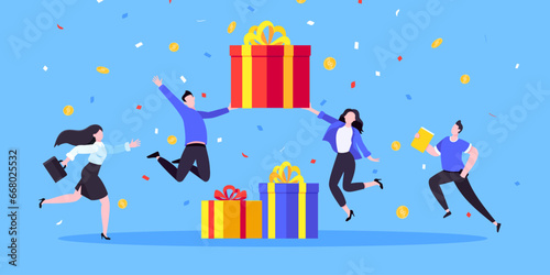 Earn loyalty program points, get online reward and gifts. Get loyalty card and customer service business concept flat design vector illustration. Tiny people won big gift box prize.