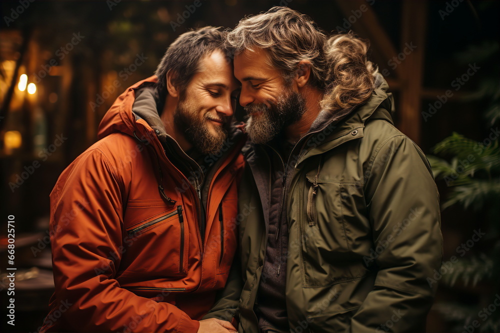 LGBT men in warm jackets hugging on street. Sexual minorities concept. AI generated LGBT men in warm jackets hugging on street. Sexual minorities concept. AI generated