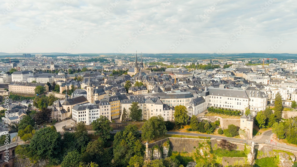Luxembourg City, Luxembourg. Panoramic view of the historical part of Luxembourg city. The city is located in a deep valley of two rivers - Alzette and Petrus, Aerial View