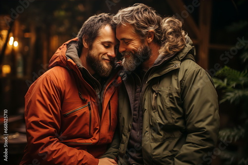 LGBT men in warm jackets hugging on street. Sexual minorities concept. AI generated