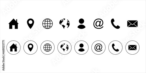 Vector set of contact us, web, address, profile, home, location, email, phone, blog, and social media round signs.