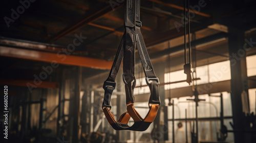 Suspension trainer anchored to gym beam no people. photo