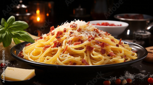 Spaghetti with meat, parmesan cheese.