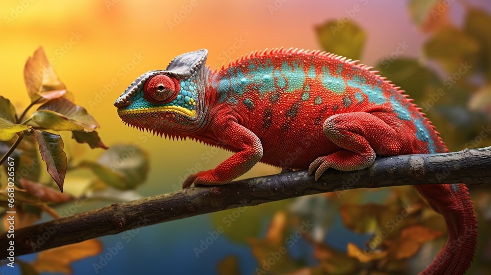 Beautiful of chameleon on branch blur nature background. AI generated image